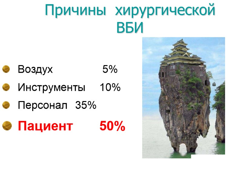 Воздух   5% Инструменты 10% Персонал   35% Пациент  50% 